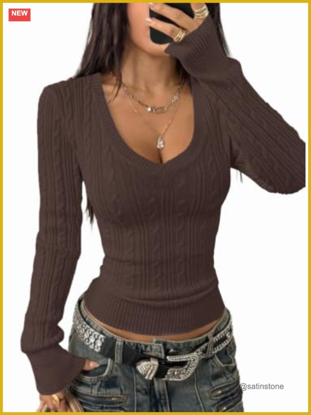 V Neck Cable Knit Fitted Long Sleeve Pullover Sweater